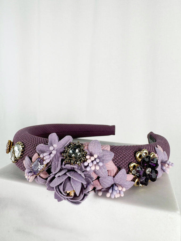 Purple Headband with Flowers and Shaped Stones - Handmade