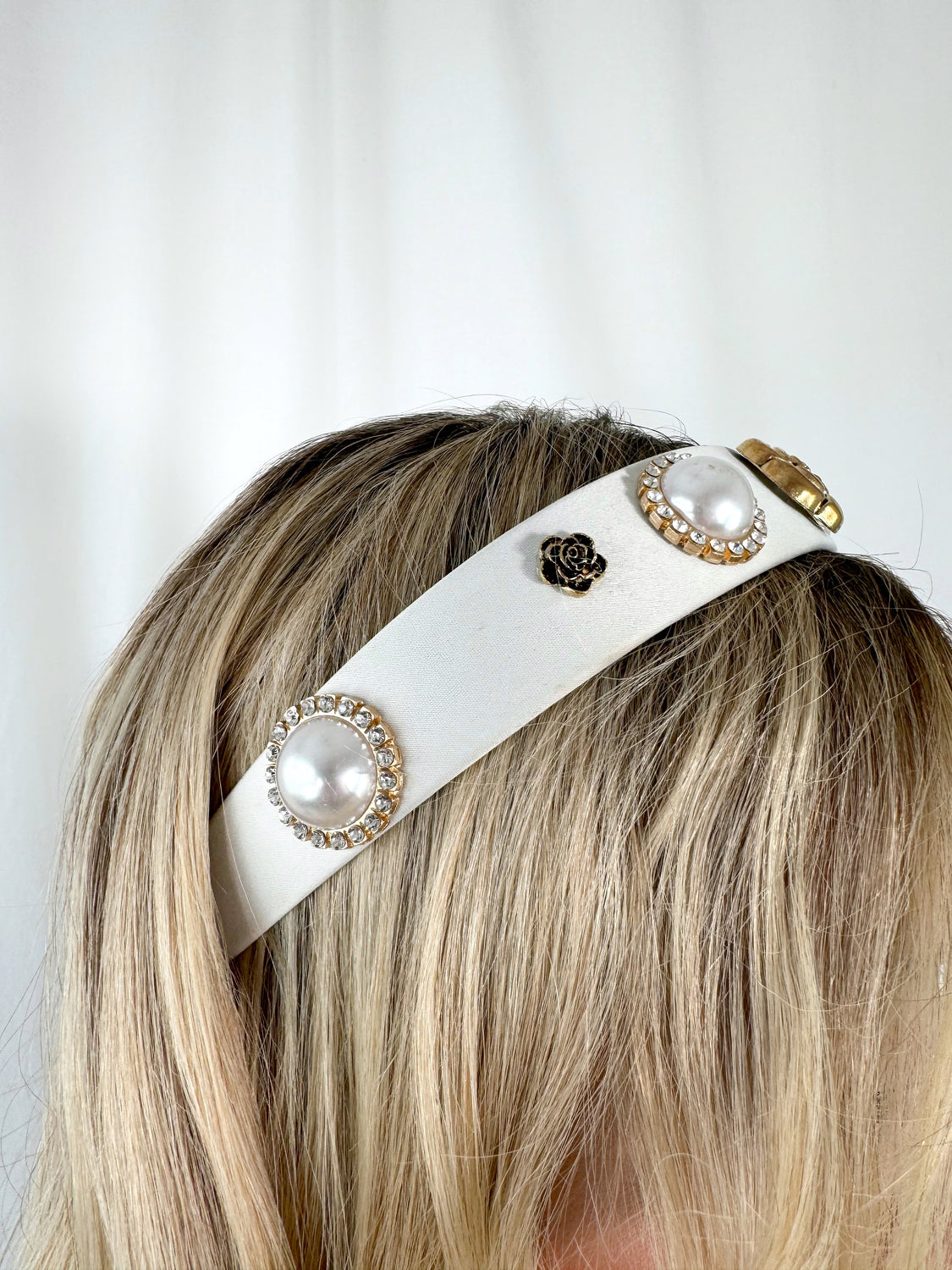 White Headband with Gold Flowers and Pearls