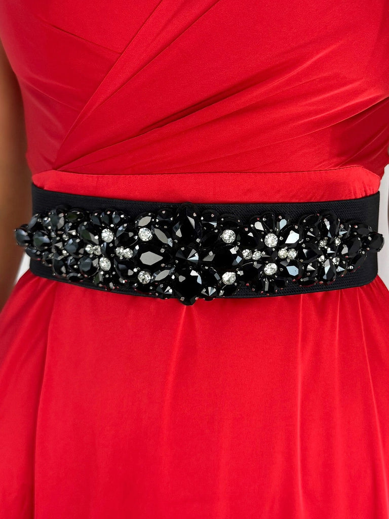 Black Elastic Waist Wide Belt with Floral Black and White Stones